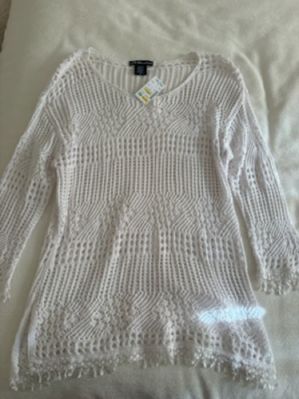 united states sweaters Cream Open-Weave V-Neck Knit Sweater